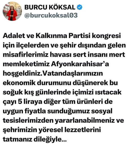 Afyonkarahisar Belediye Başkanı Burcu Köksal, AK Parti 8. Olağan Kongresi için şehre gelen misafirlere hitaben yayınladığı mesajda, Afyonkarahisar’ın misafirperverliğini ve yöresel lezzetlerini vurguladı.