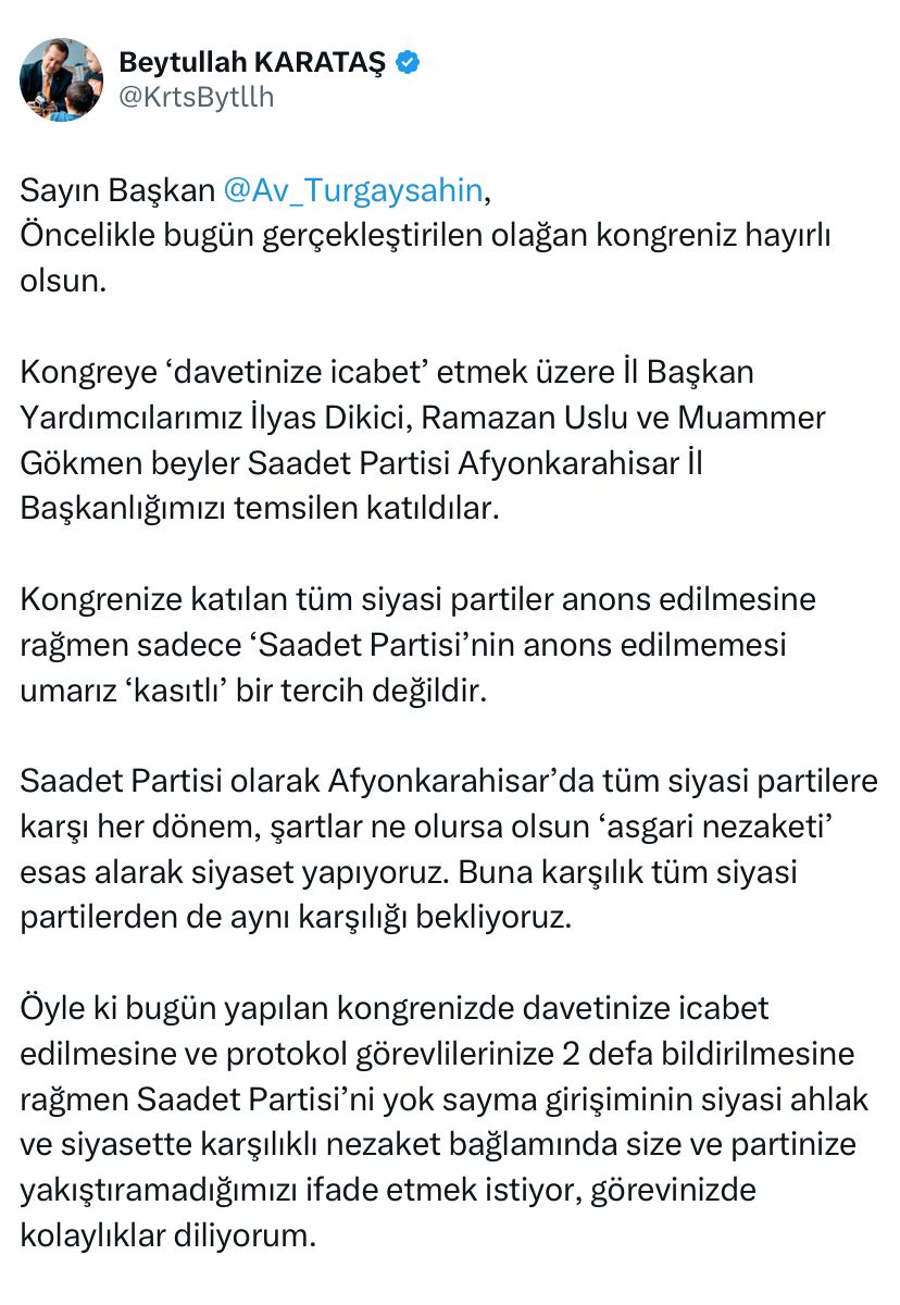 Saadet Partisi İl Başkanı Karataş'tan AK Parti'ye Sitem: Yok Sayıldık!